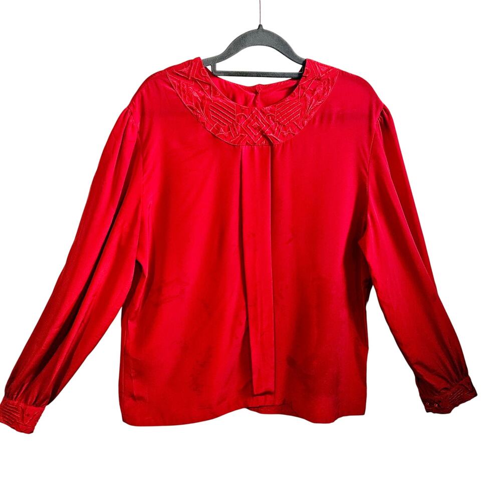 Vintage Gailord Women's 16 Long Sleeve Embroidered Neck Top Solid Bright Red
